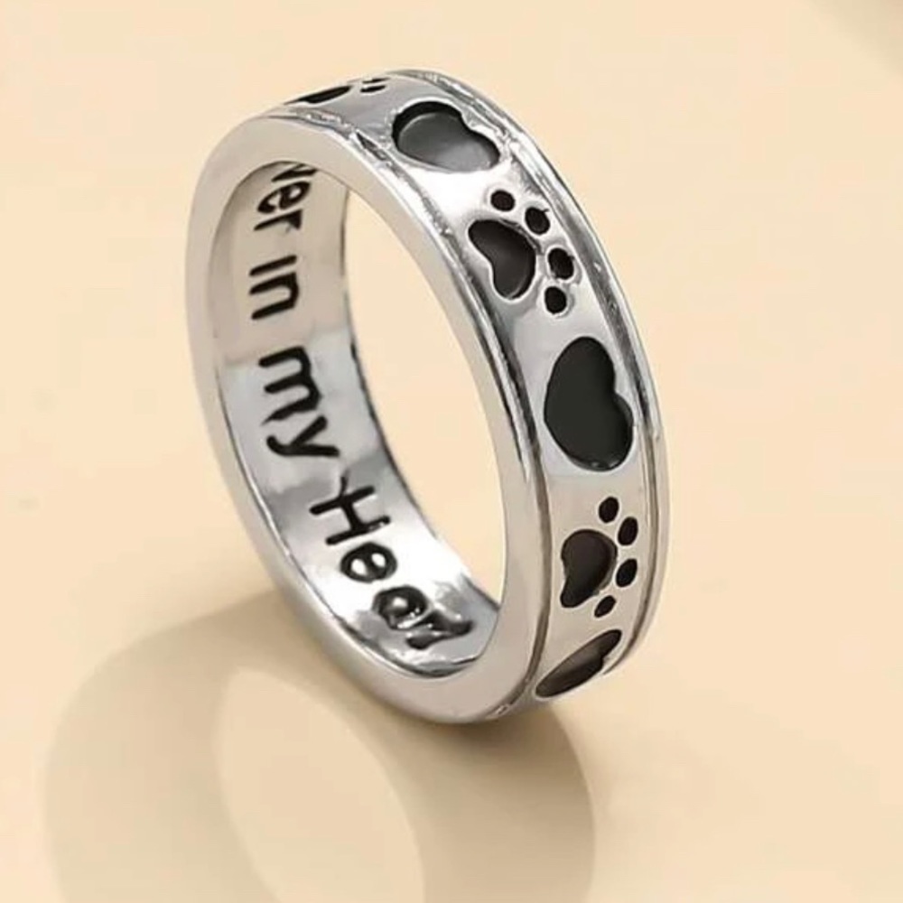 Dog Paw Print Silver Band Ring - Picture 3 of 13